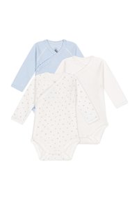 Tre body a manica lunga: uno blu pallido a righe, uno bianco con piccole cuoricini grigi e uno bianco semplice. Cotone morbido, chiusure a pressione.