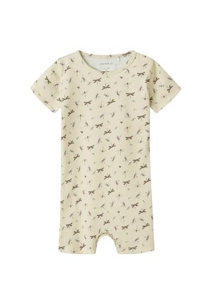 Kortærmet jumpsuit i lys beige bomuld med et mønster af guldsmede i lilla og blå. Har rund halsudskæring og benåbninger.