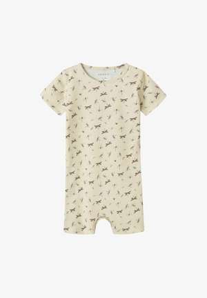 Romper de manga corta en algodón color crema claro con un patrón de libélulas en púrpura y azul. Presenta un escote redondo y aberturas en las piernas.