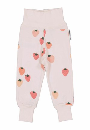 Fløjlsbløde babybukser i cremefarve med rosa og orange jordbærtryk, elastiske manchetter og en høj, strækbar linning.