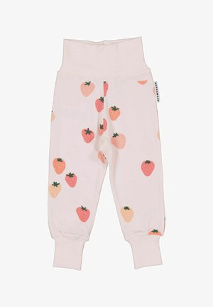 Fløjlsbløde babybukser i cremefarve med rosa og orange jordbærtryk, elastiske manchetter og en høj, strækbar linning.
