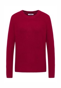 Czerwony dzianinowy sweter z okrągłym dekoltem, długimi rękawami i prążkowaną teksturą. Materiał wydaje się miękki i ciepły o prostym designie.