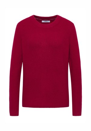 Maglione rosso lavorato a maglia con scollatura tonda, maniche lunghe e texture a costine. Il tessuto sembra morbido e caldo con un design pulito.