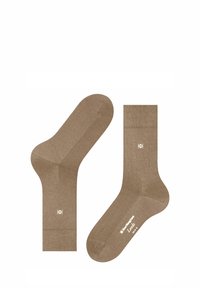Brązowe bawełniane skarpetki o gładkiej fakturze, z prążkowanym ściągaczem, wzmocnioną piętą oraz subtelnym logo marki na podeszwie.
