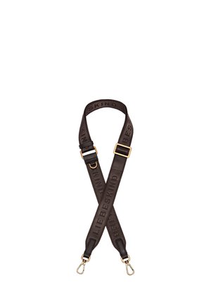 Bandoulière réglable marron foncé pour sac en bandoulière avec fermoirs dorés et le texte "LIEBESKIND" tissé en boucle sur le tissu.