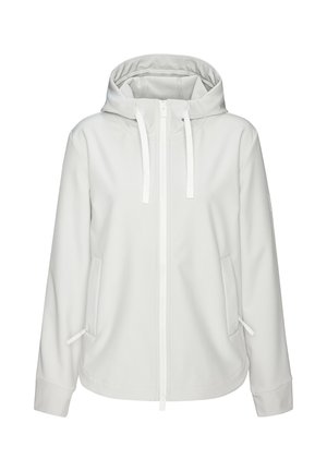 Weiße Kapuzenjacke mit durchgehendem Reißverschluss vorne, verstellbaren Kordeln und seitlichen Reißverschlusstaschen, entworfen für den lässigen Gebrauch.