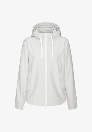 White hooded jacket with front zipper, adjustable drawstrings, and zippered side pockets, designed for casual wear.