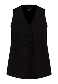 Zwarte mouwloze vest met V-hals, vier knopen aan de voorkant en twee horizontale ingepaste zakken, slim fit, maat 40.