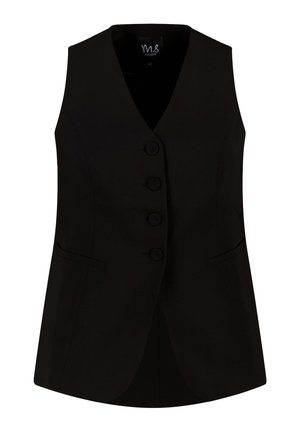 Zwarte mouwloze vest met V-hals, vier knopen aan de voorkant en twee horizontale ingepaste zakken, slim fit, maat 40.