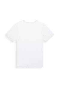 Camiseta de algodón blanca, de manga corta, cuello redondo, textura suave, diseño liso sin patrones ni gráficos, vista trasera mostrada.