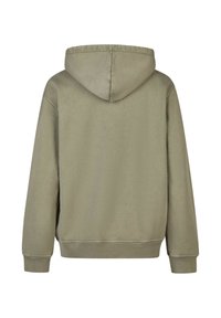 Kapuzensweatshirt in Olivgrün, aus weichem Stoff gefertigt, mit entspannter Passform, gerippten Bündchen und einer verstellbaren Kapuze mit Kordelzug.