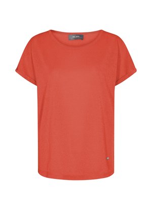 Oranje dames T-shirt met korte mouwen, ronde halslijn en klein merklogo vlak bij de onderzoom aan de rechterkant.