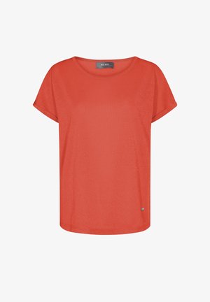 Pomarańczowy damski t-shirt z krótkim rękawem, okrągłym dekoltem i małym logo marki blisko dolnego brzegu po prawej stronie.