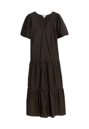 Robe en coton noire avec un col en V, des manches courtes bouffantes et un ourlet à volants en couches. Le tissu semble lisse avec une texture légère.