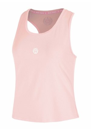 Débardeur de sport rose clair sans manches avec petit logo central et tissu en maille respirant.