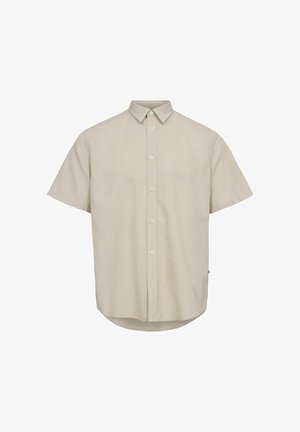 Camicia a maniche corte con bottoni in un tessuto beige chiaro. Presenta un colletto classico e un orlo leggermente curvato. Design casual e dalla trama interessante.