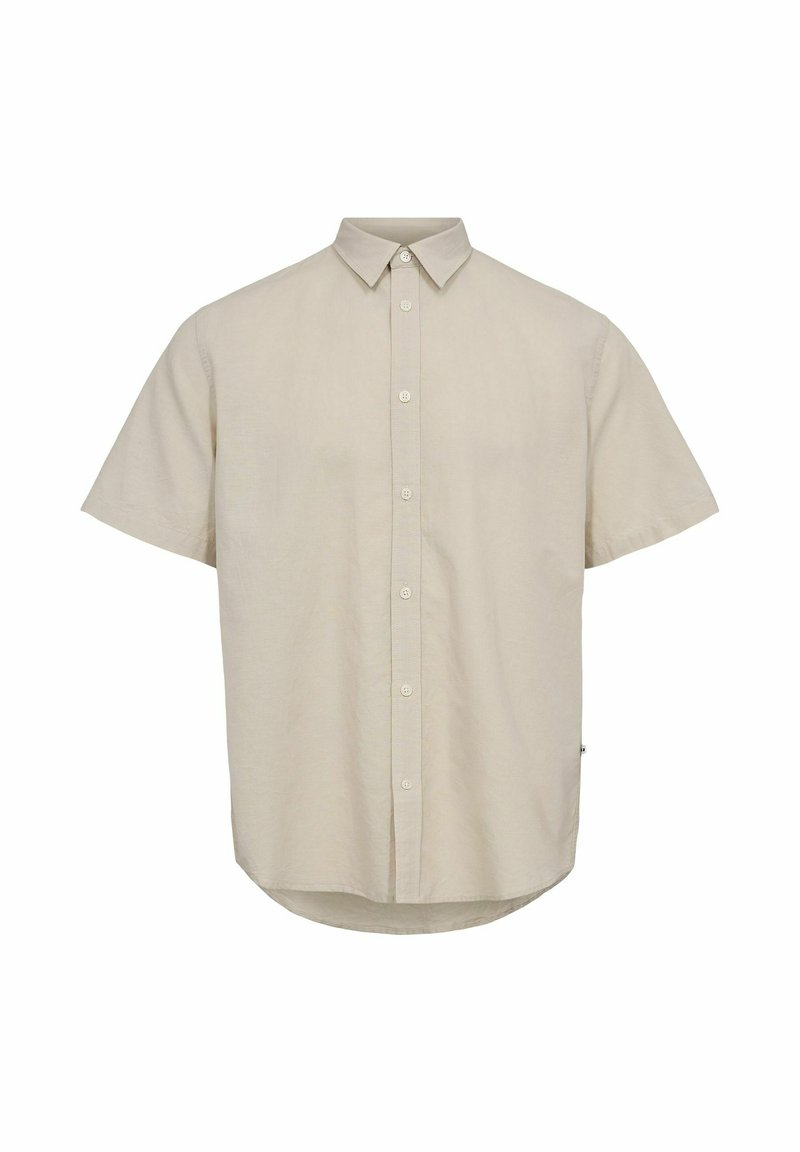Cămașă cu mâneci scurte, cu nasturi, dintr-un material bej deschis. Prezintă un guler clasic și un tiv ușor curbat. Design texturat, casual.