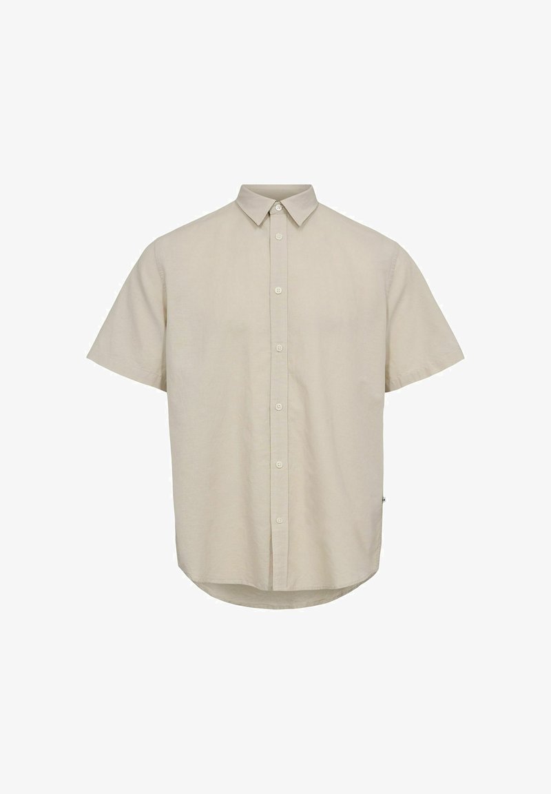 Camicia a maniche corte con bottoni in un tessuto beige chiaro. Presenta un colletto classico e un orlo leggermente curvato. Design casual e dalla trama interessante.