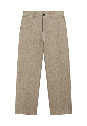 Beige linnen broek met subtiele verticale strepen, knoopsluiting aan de voorkant, riemlussen en zijzakken, plat weergegeven op een witte achtergrond.