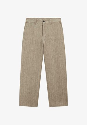 Beige linnen broek met subtiele verticale strepen, knoopsluiting aan de voorkant, riemlussen en zijzakken, plat weergegeven op een witte achtergrond.