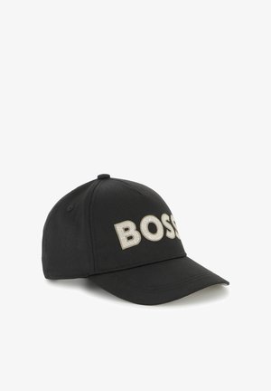 Cappellino da baseball nero in cotone, caratterizzato da un logo ricamato "BOSS" in un colore a contrasto sulla parte frontale. Visiera curva e cinturino regolabile.