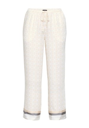 Jasnobeżowe spodnie ze ściągaczem, ozdobione subtelnym geometrycznym wzorem w kwadraty oraz kontrastową satynową lamówką przy mankietach.