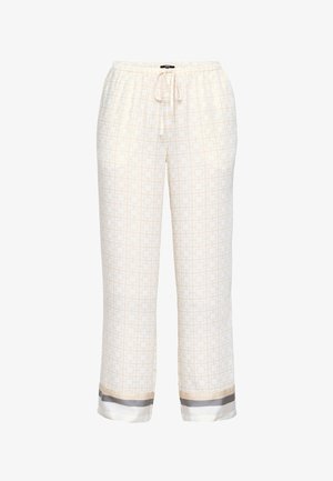 Jasnobeżowe spodnie ze ściągaczem, ozdobione subtelnym geometrycznym wzorem w kwadraty oraz kontrastową satynową lamówką przy mankietach.