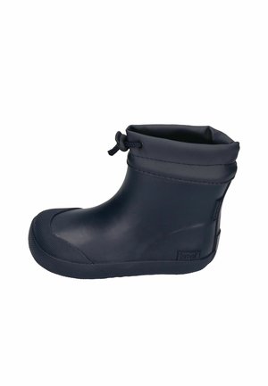 Black rubber rain boot with a rounded toe and textured sole, featuring a cuffed opening and adjustable drawstring for fit.