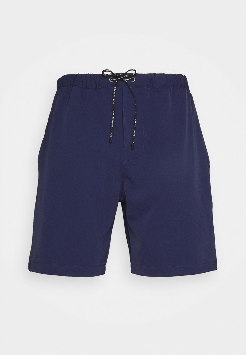 Námořnické modré plavky vyrobené z lehkého materiálu, s elastickým pasem a šňůrkou a dvěma postranními kapsami. Hladká textura.