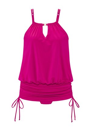 Bright pink sleeveless swim top with adjustable shoulder straps, a keyhole front, and ruched sides with drawstring ties.