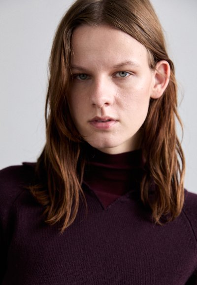 Pull en tricot violet avec un col en V et des manches longues ; superposé sur un turtleneck bordeaux ; texture douce et détails côtelés.