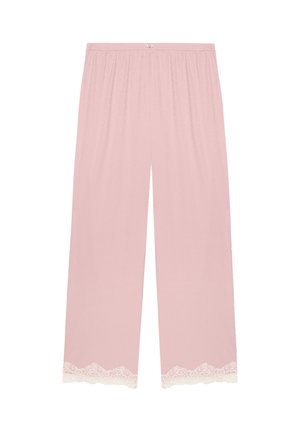 Pantalones de pijama rosas con una cinturilla elástica y detalles de encaje en el dobladillo. Hechos de una tela suave, presentan un diseño de pierna recta.