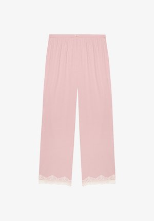 Pantalones de pijama rosas con una cinturilla elástica y detalles de encaje en el dobladillo. Hechos de una tela suave, presentan un diseño de pierna recta.