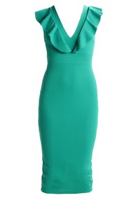 Robe ajustée sans manches bleu sarcelle, longueur genou, avec un profond décolleté en V et une large bordure volantée le long de l'encolure et des épaules.