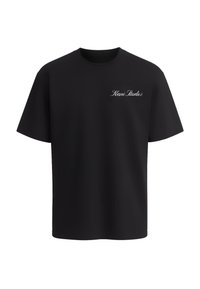 Black cotton t-shirt with a loose fit, short sleeves, and a white scripted logo on the left chest. Smooth texture, classic crew neckline.