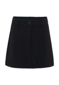 Jupe en mélange de coton noir à coupe droite, avec une fermeture à boutons sur le devant, deux poches latérales et un discret logo sur le côté.