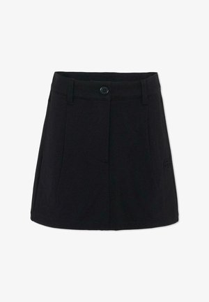 Zwarte rok van een katoenmix met een rechte pasvorm, voorzien van een knoopsluiting aan de voorkant, twee zijzakken en een subtiel logo-accent aan de zijkant.