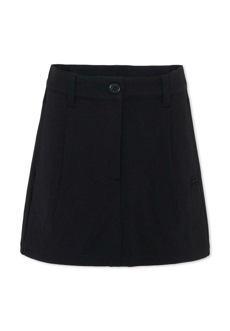 Jupe en mélange de coton noir à coupe droite, avec une fermeture à boutons sur le devant, deux poches latérales et un discret logo sur le côté.