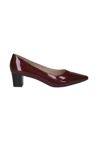 Escarpin en cuir verni bordeaux avec un bout pointu, un petit talon bloc et une texture lisse. Design minimaliste avec un subtil détail d'ouverture en haut.