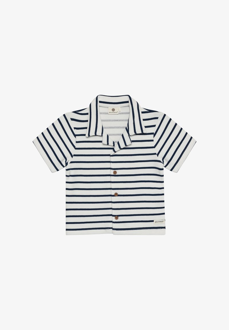 Koszula z krótkim rękawem i kołnierzykiem z bawełny w biało-granatowe paski. Posiada pięć brązowych guzików i małą metkę z logo na dole.