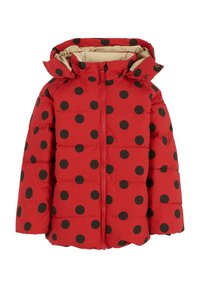 Giacca imbottita rossa con pois neri, dotata di cappuccio, chiusura a zip e texture trapuntata. La fodera interna è beige, realizzata in tessuto morbido e liscio.