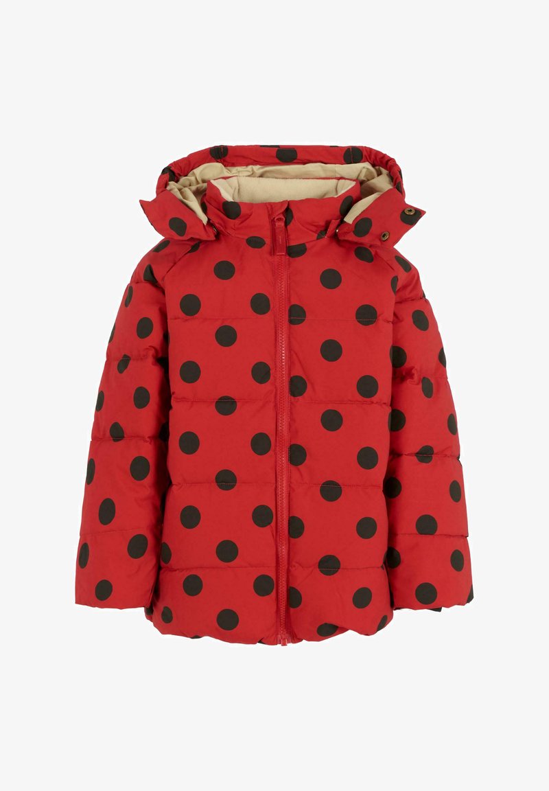 Giacca imbottita rossa con pois neri, dotata di cappuccio, chiusura a zip e texture trapuntata. La fodera interna è beige, realizzata in tessuto morbido e liscio.