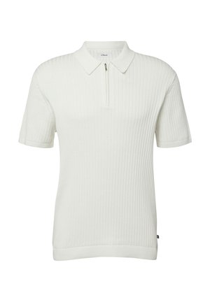 Weißes kurzärmeliges, geripptes Poloshirt mit Reißverschluss vorne und klassischem Kragen, auf schlichtem Hintergrund präsentiert.