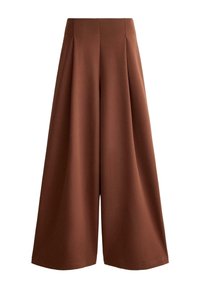 Braune, weit geschnittene, hoch taillierte Hose mit glatter Oberfläche und ohne sichtbare Taschen oder Bunddetails.