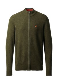 Maglione zip-up in lana di un verde scuro, con colletto, polsini e orlo a coste, caratterizzato da un piccolo logo ricamato arancione sul lato sinistro del petto.
