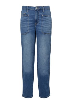 Blauwe denim jeans met rechte pijpen, voorzakken met pat, riemlussen en knoopsluiting in de taille.
