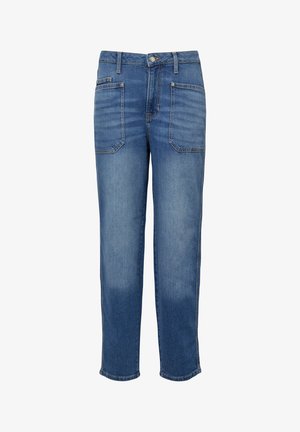 Blauwe denim jeans met rechte pijpen, voorzakken met pat, riemlussen en knoopsluiting in de taille.