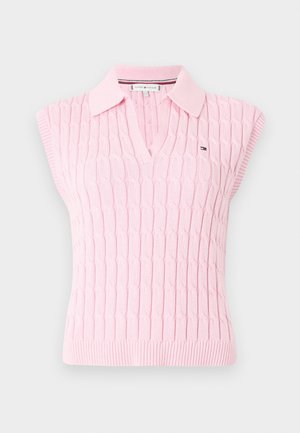 Mouwloze roze polo trui met een gestructureerd kabelbreisel, v-hals en ribbelrand. Bevat een klein logo op de linkerborst.