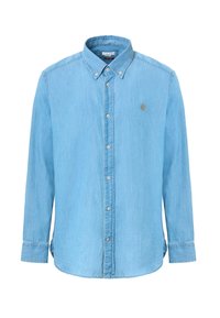 Camicia di jeans azzurro chiaro con maniche lunghe, colletto button-down e piccolo logo sul petto. Caratterizzata da una pattina dei bottoni frontale e orlo curvato.