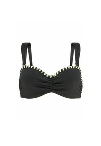 Top bikini nero in tessuto testurizzato, con arricciatura nei coppe e bordo bianco a forma di scallop lungo il décolleté. Spalline regolabili.